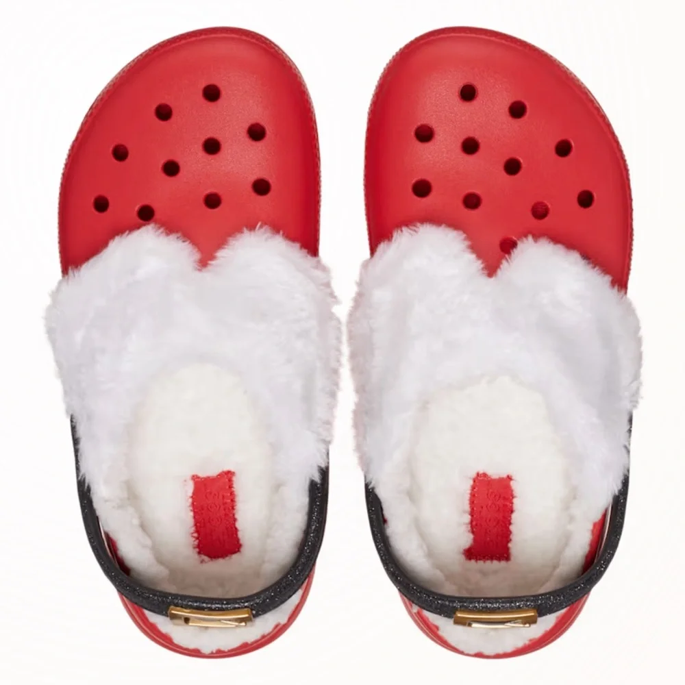 CROCS Classic Lined Santa Christmas‎ Red Clogs White Lining and Black Strap J2